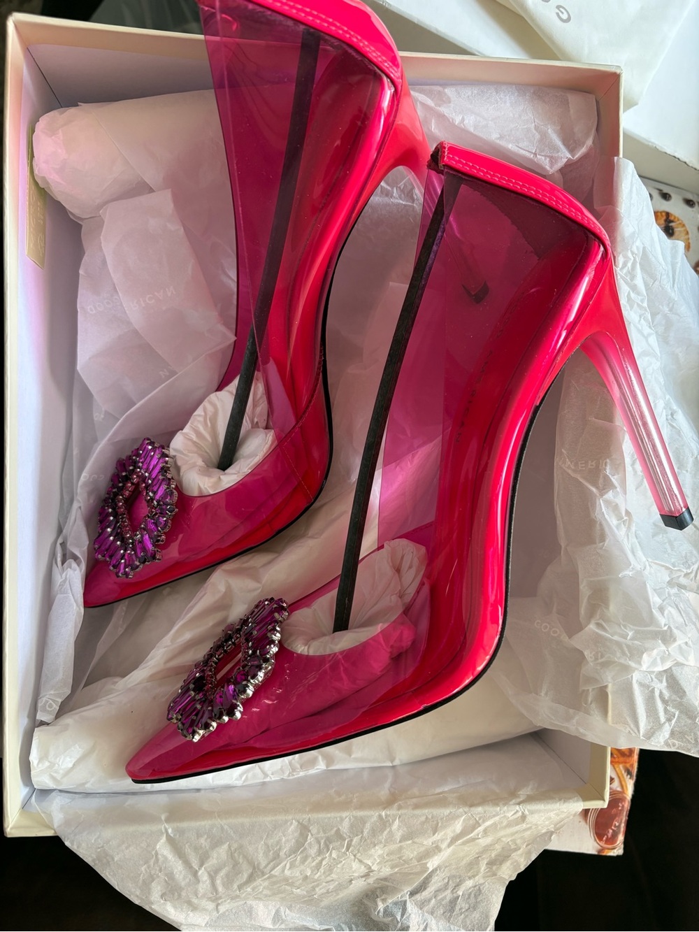 Good American Hot Pink PVC Pointed Toe Stiletto Heels with Crystal Brooch NO BOX